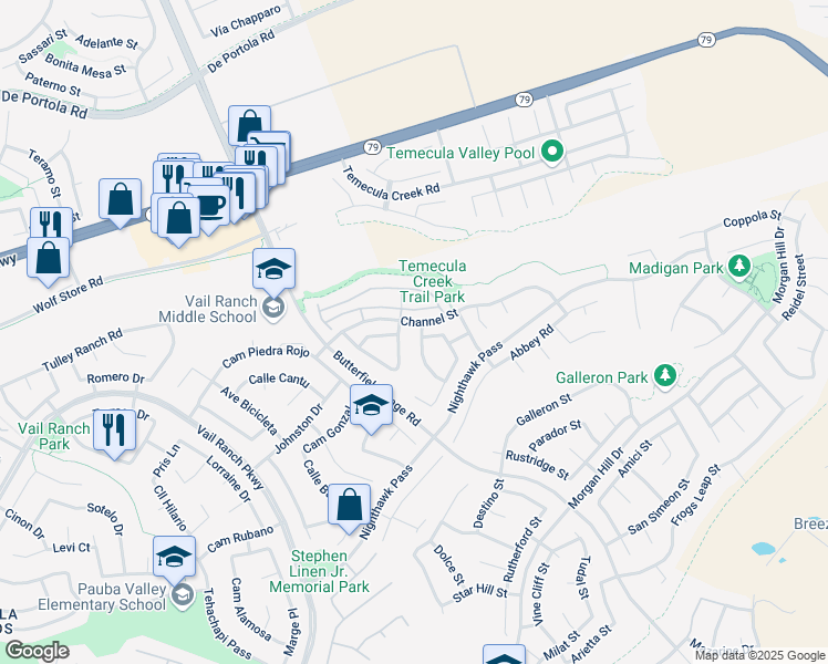 map of restaurants, bars, coffee shops, grocery stores, and more near 44365 Penbrook Lane in Temecula