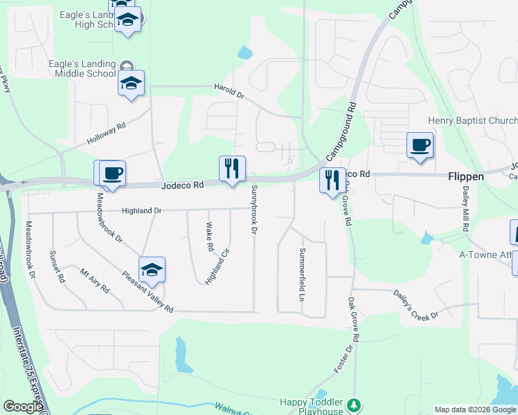 map of restaurants, bars, coffee shops, grocery stores, and more near 405 Highland Drive in McDonough