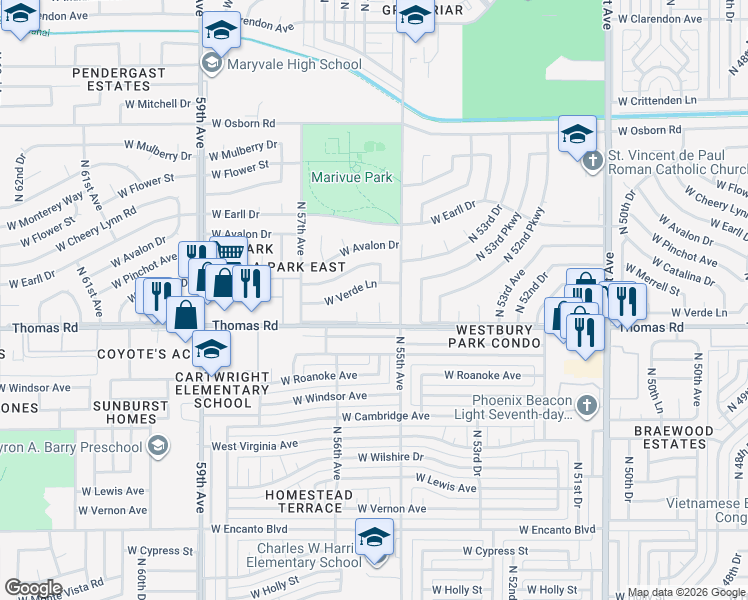 map of restaurants, bars, coffee shops, grocery stores, and more near 2922 North 55th Drive in Phoenix