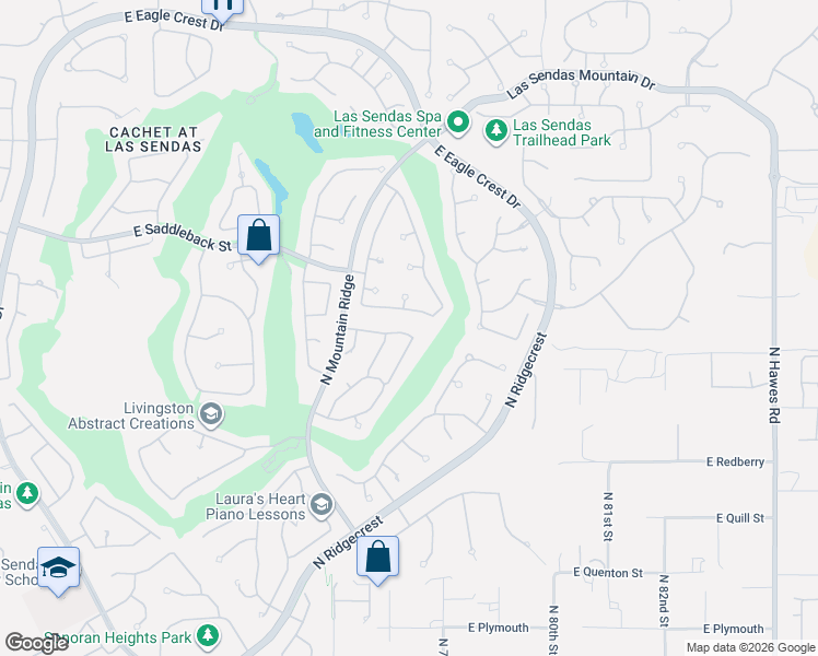map of restaurants, bars, coffee shops, grocery stores, and more near 7708 East Sierra Morena Street in Mesa