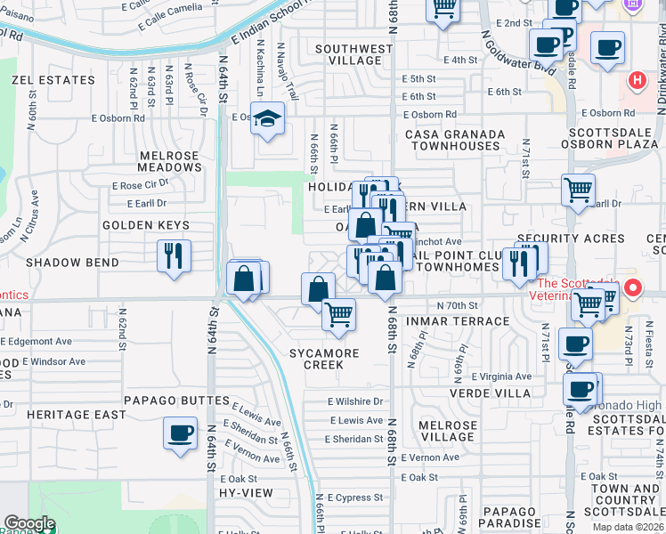 map of restaurants, bars, coffee shops, grocery stores, and more near 29 Mobile Home Park in Scottsdale