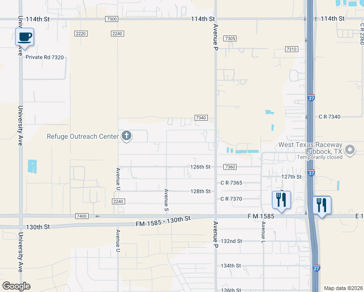 map of restaurants, bars, coffee shops, grocery stores, and more near 1633 124th Street in Lubbock