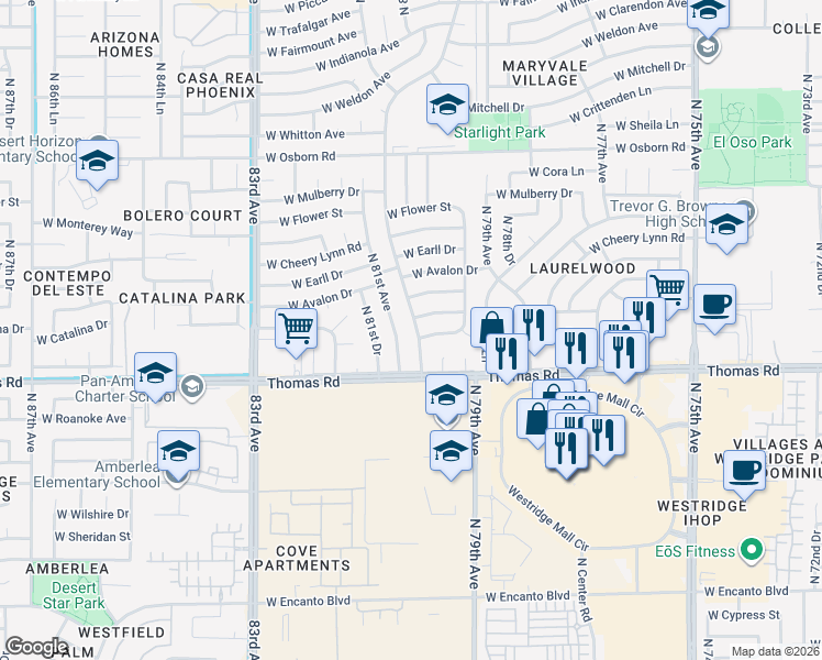 map of restaurants, bars, coffee shops, grocery stores, and more near 2940 North 80th Lane in Phoenix