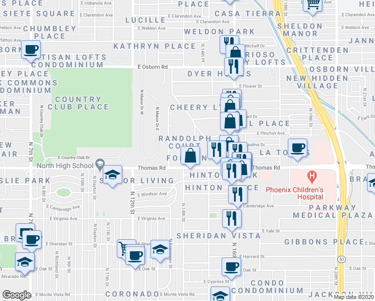 map of restaurants, bars, coffee shops, grocery stores, and more near 2932 N 14th St in Phoenix