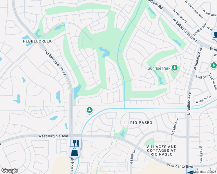 map of restaurants, bars, coffee shops, grocery stores, and more near 3114 North 152nd Avenue in Goodyear