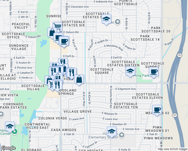 map of restaurants, bars, coffee shops, grocery stores, and more near 2928 North 83rd Street in Scottsdale
