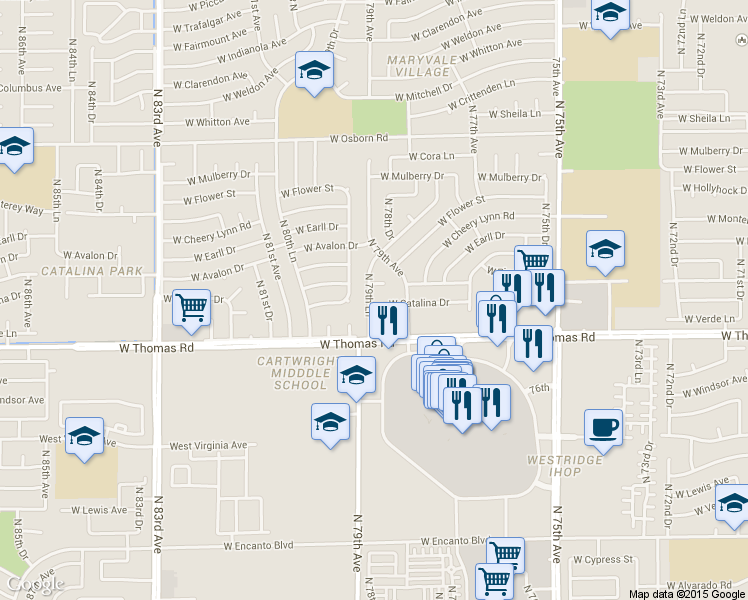 map of restaurants, bars, coffee shops, grocery stores, and more near 2935 N 79th Ln in Phoenix
