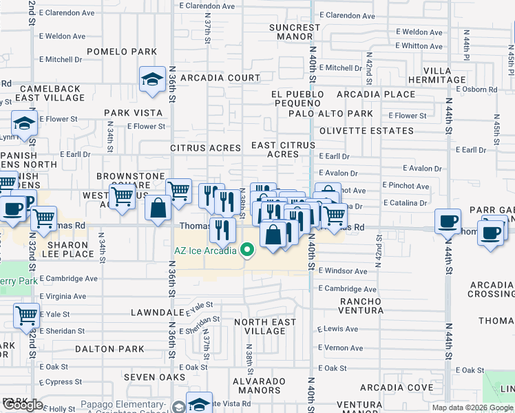map of restaurants, bars, coffee shops, grocery stores, and more near 2927 North 38th Street in Phoenix