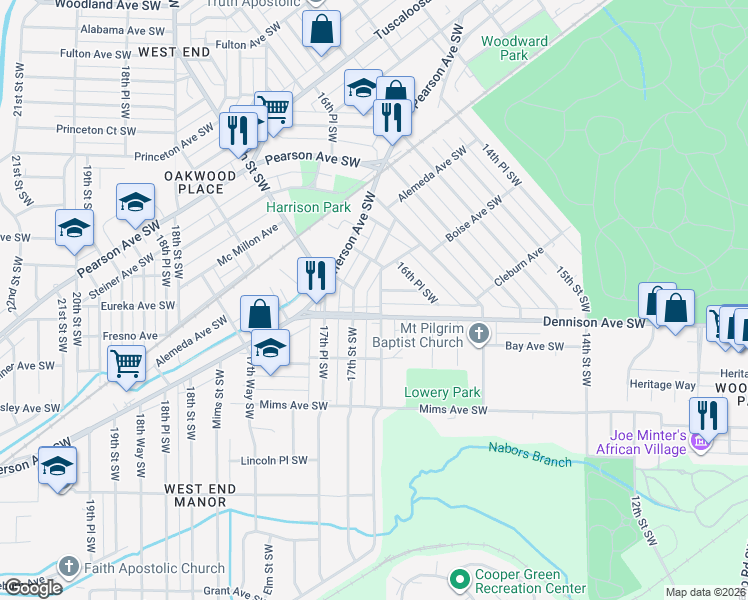 map of restaurants, bars, coffee shops, grocery stores, and more near 1228 16th Way Southwest in Birmingham