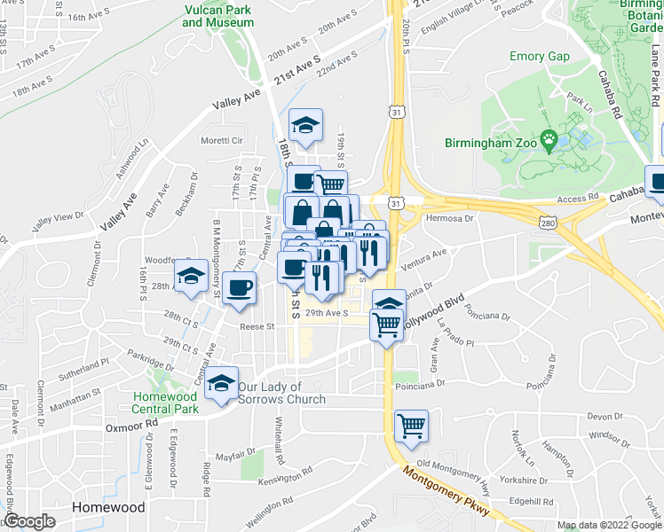 map of restaurants, bars, coffee shops, grocery stores, and more near 1824 28th Avenue South in Birmingham