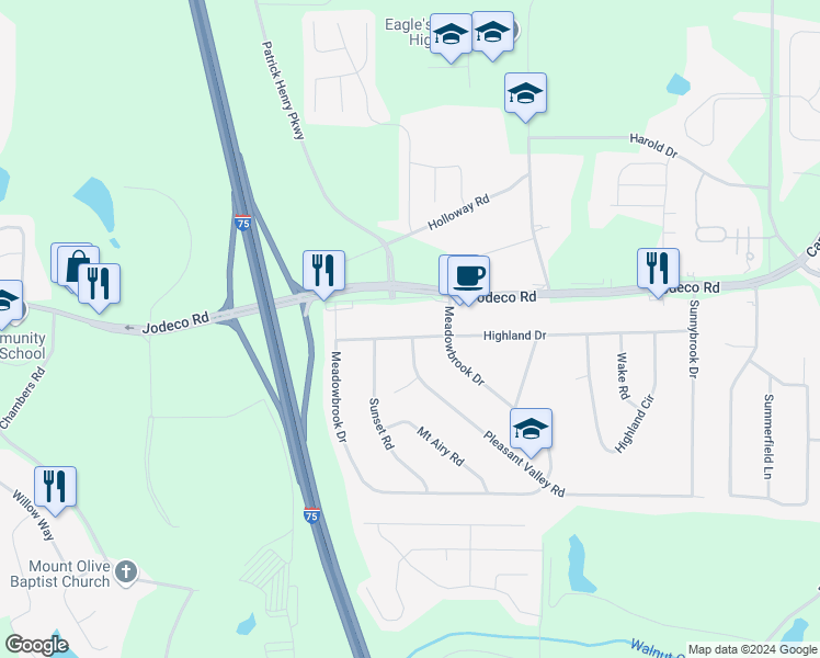 map of restaurants, bars, coffee shops, grocery stores, and more near 95 Highland Drive in McDonough