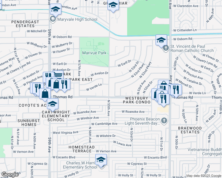 map of restaurants, bars, coffee shops, grocery stores, and more near 2917 North 55th Avenue in Phoenix