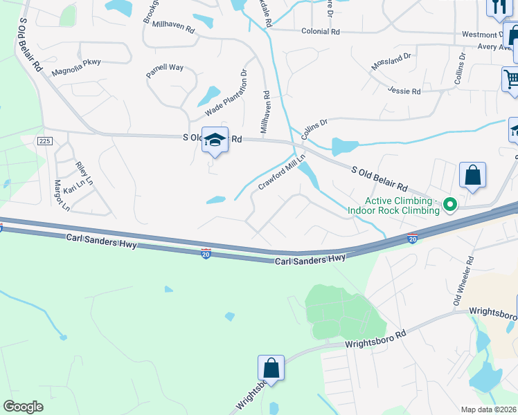 map of restaurants, bars, coffee shops, grocery stores, and more near 354 Crawford Mill Lane in Grovetown