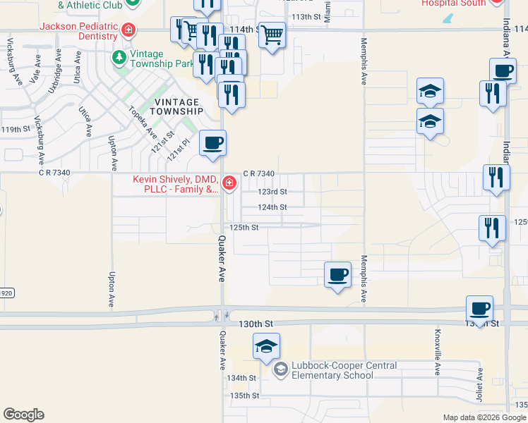 map of restaurants, bars, coffee shops, grocery stores, and more near 4105 124th Street in Lubbock