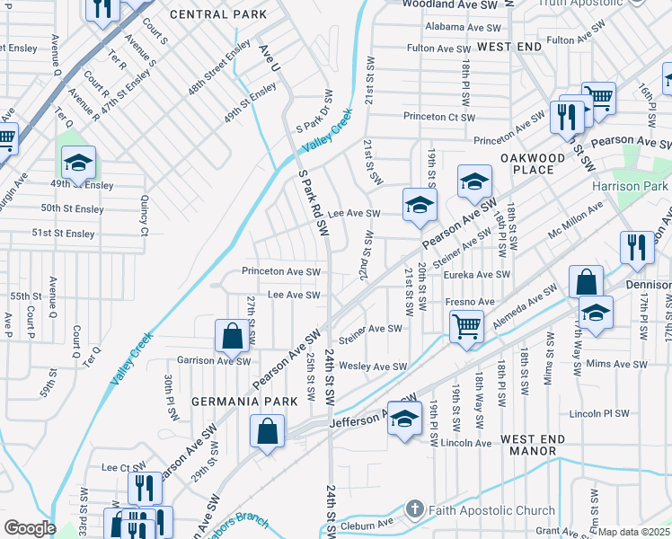 map of restaurants, bars, coffee shops, grocery stores, and more near 357 South Park Road Southwest in Birmingham