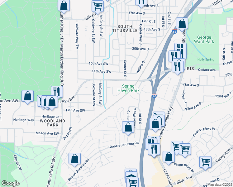 map of restaurants, bars, coffee shops, grocery stores, and more near 20 Spring Haven Circle Southwest in Birmingham