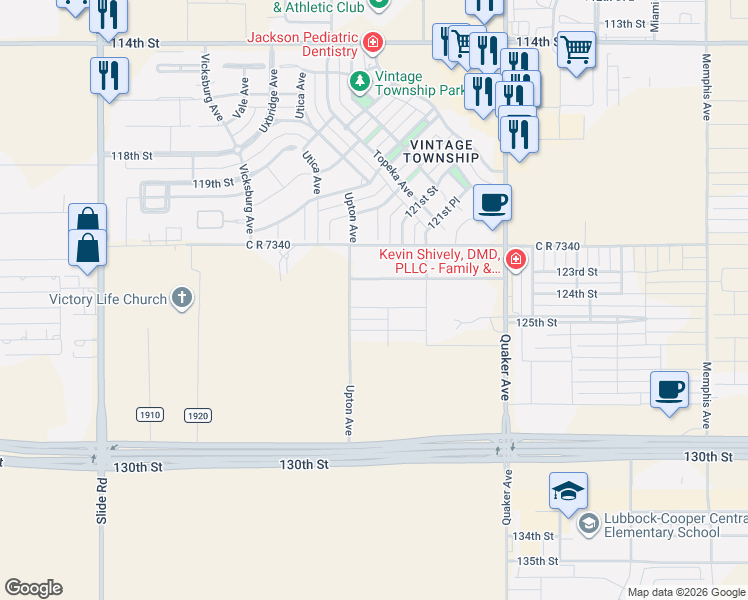 map of restaurants, bars, coffee shops, grocery stores, and more near 4607 124th St in Lubbock