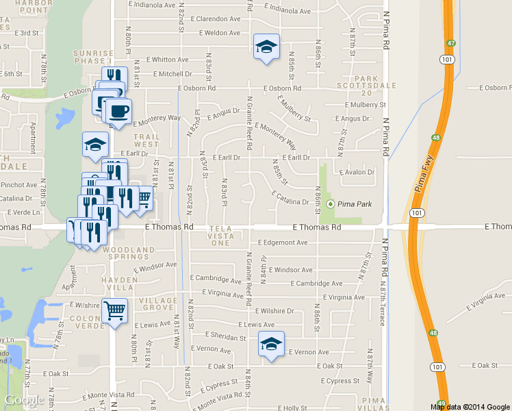map of restaurants, bars, coffee shops, grocery stores, and more near 2933 North Granite Reef Road in Scottsdale