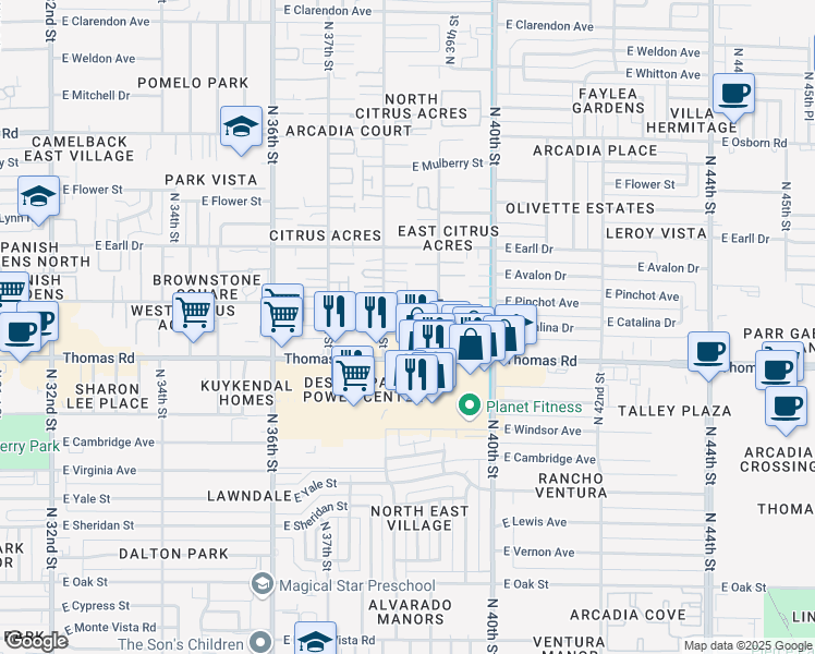 map of restaurants, bars, coffee shops, grocery stores, and more near 2927 North 38th Street in Phoenix