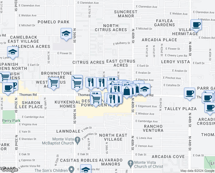 map of restaurants, bars, coffee shops, grocery stores, and more near 2927 North 38th Street in Phoenix