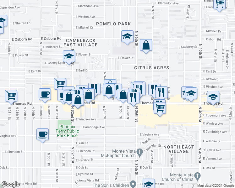 map of restaurants, bars, coffee shops, grocery stores, and more near 2922 North 35th Street in Phoenix