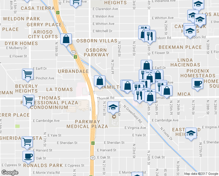 map of restaurants, bars, coffee shops, grocery stores, and more near 2915 North Greenfield Road in Phoenix