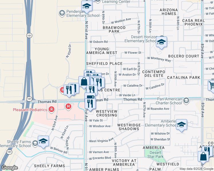 map of restaurants, bars, coffee shops, grocery stores, and more near 8933 West Catalina Drive in Phoenix