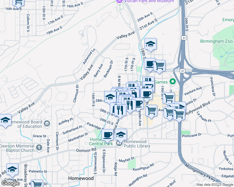 map of restaurants, bars, coffee shops, grocery stores, and more near 2716 B M Montgomery Street in Homewood