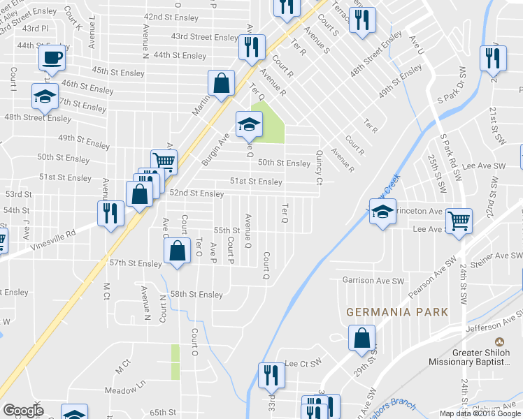map of restaurants, bars, coffee shops, grocery stores, and more near 5221 Avenue Q in Birmingham