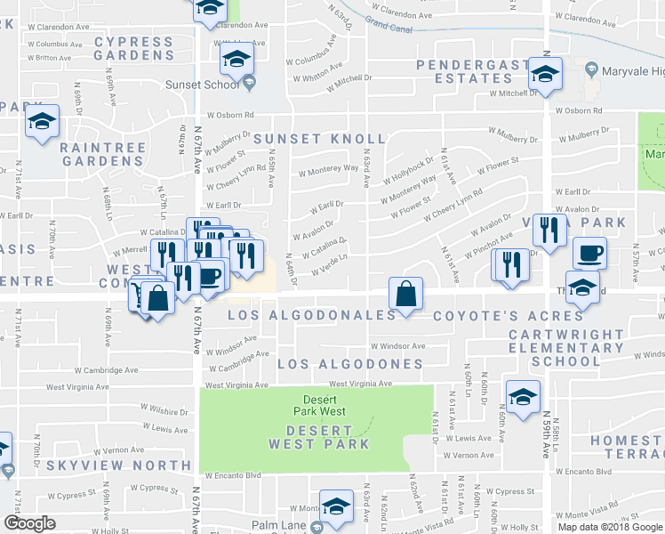 map of restaurants, bars, coffee shops, grocery stores, and more near 6341 West Verde Lane in Phoenix
