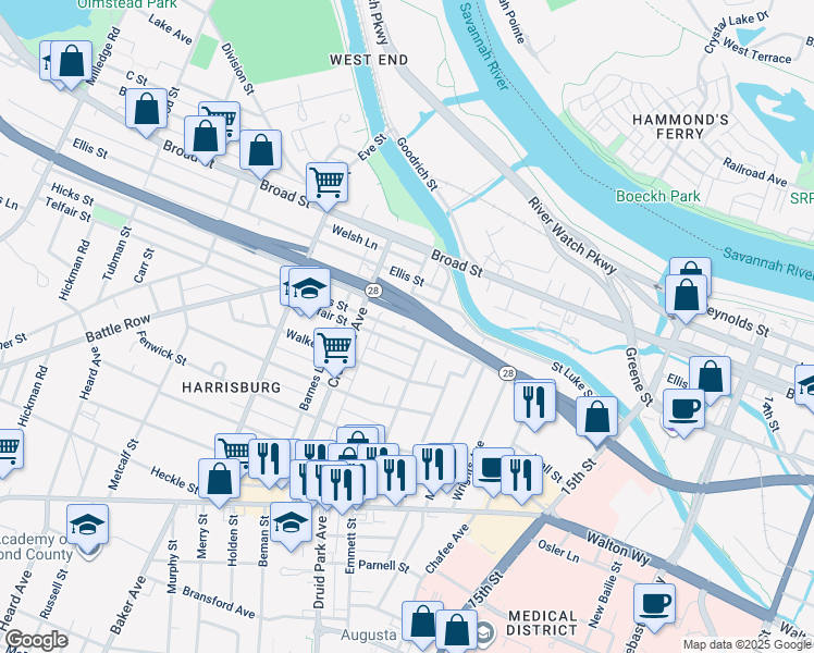 map of restaurants, bars, coffee shops, grocery stores, and more near 1723 Hicks Street in Augusta