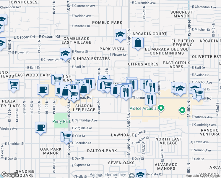 map of restaurants, bars, coffee shops, grocery stores, and more near 2922 North 35th Street in Phoenix