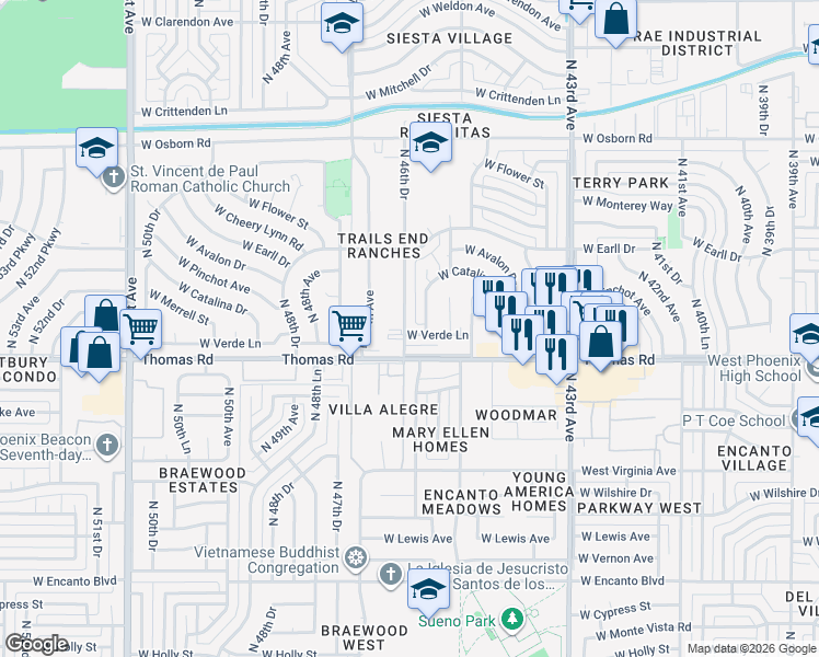 map of restaurants, bars, coffee shops, grocery stores, and more near 4614 West Verde Lane in Phoenix