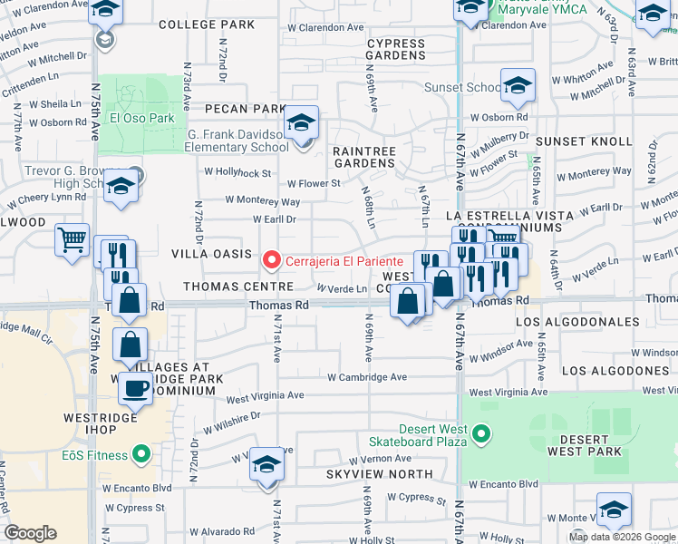 map of restaurants, bars, coffee shops, grocery stores, and more near 6930 West Merrell Street in Phoenix