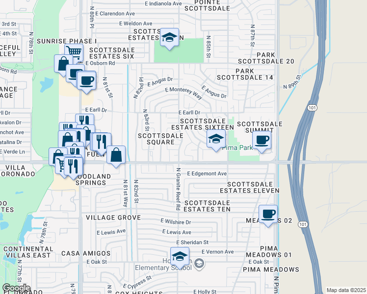 map of restaurants, bars, coffee shops, grocery stores, and more near 2933 North Granite Reef Road in Scottsdale