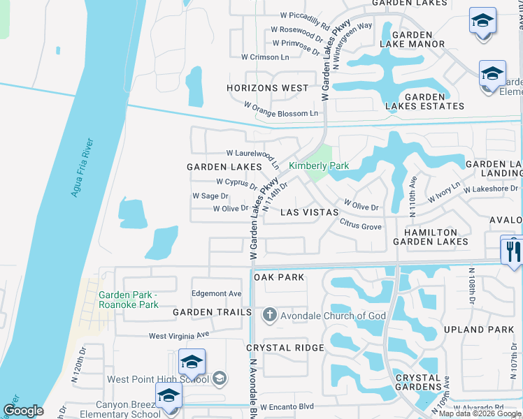 map of restaurants, bars, coffee shops, grocery stores, and more near 3106 North 114th Drive in Avondale
