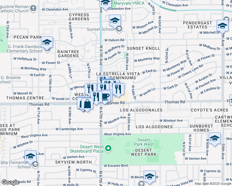 map of restaurants, bars, coffee shops, grocery stores, and more near 6544 West Thomas Road in Phoenix