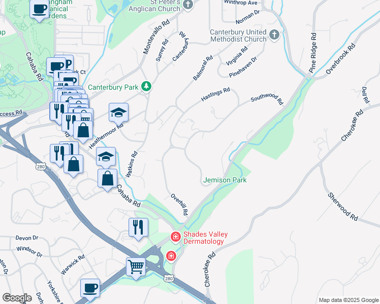 map of restaurants, bars, coffee shops, grocery stores, and more near 2705 Southwood Road in Birmingham