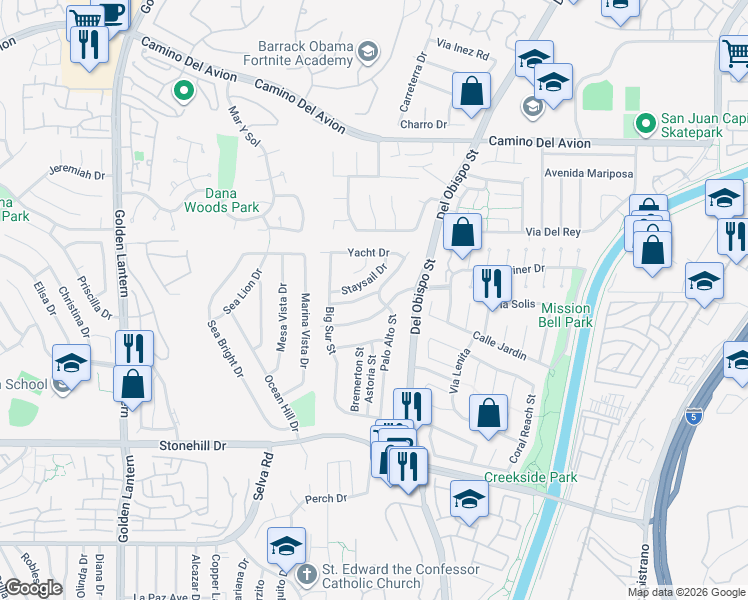 map of restaurants, bars, coffee shops, grocery stores, and more near 25276 Brigantine Drive in Dana Point