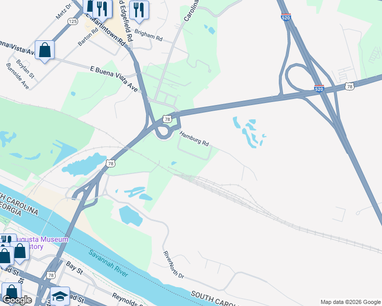 map of restaurants, bars, coffee shops, grocery stores, and more near 416 Carpentersville Road in North Augusta