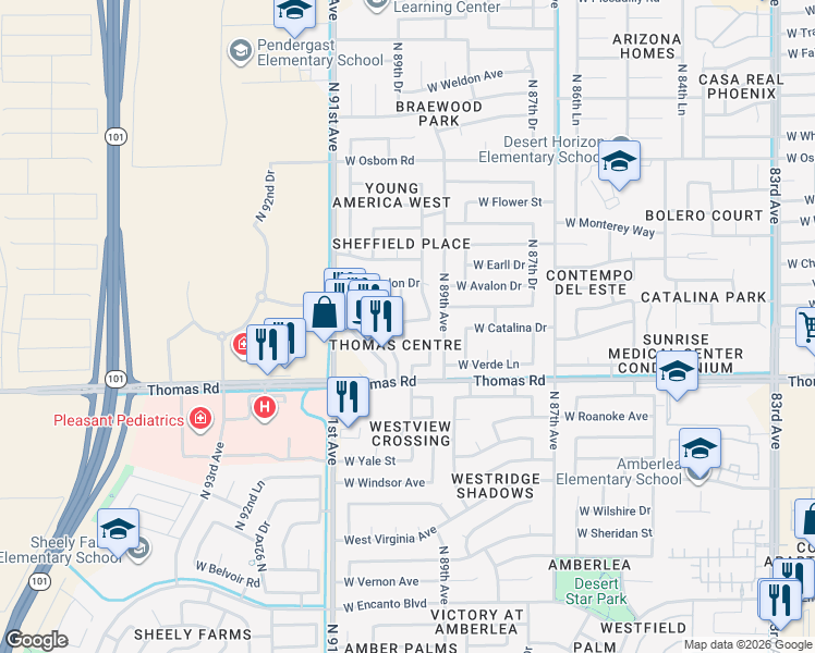 map of restaurants, bars, coffee shops, grocery stores, and more near 8933 West Catalina Drive in Phoenix