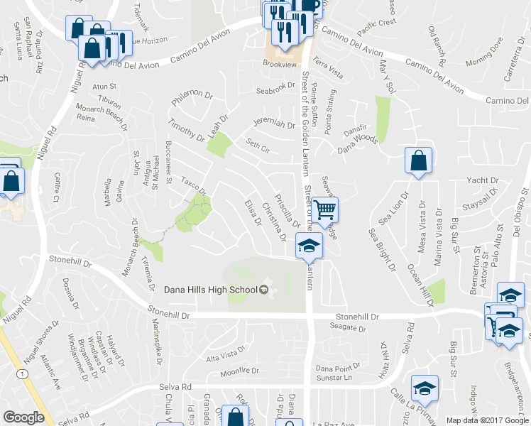 map of restaurants, bars, coffee shops, grocery stores, and more near 33141 Christina Drive in Dana Point
