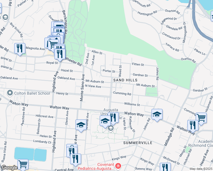 map of restaurants, bars, coffee shops, grocery stores, and more near 2507 North View Avenue in Augusta