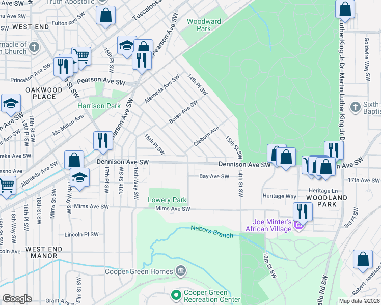 map of restaurants, bars, coffee shops, grocery stores, and more near 1280 16th Street Southwest in Birmingham