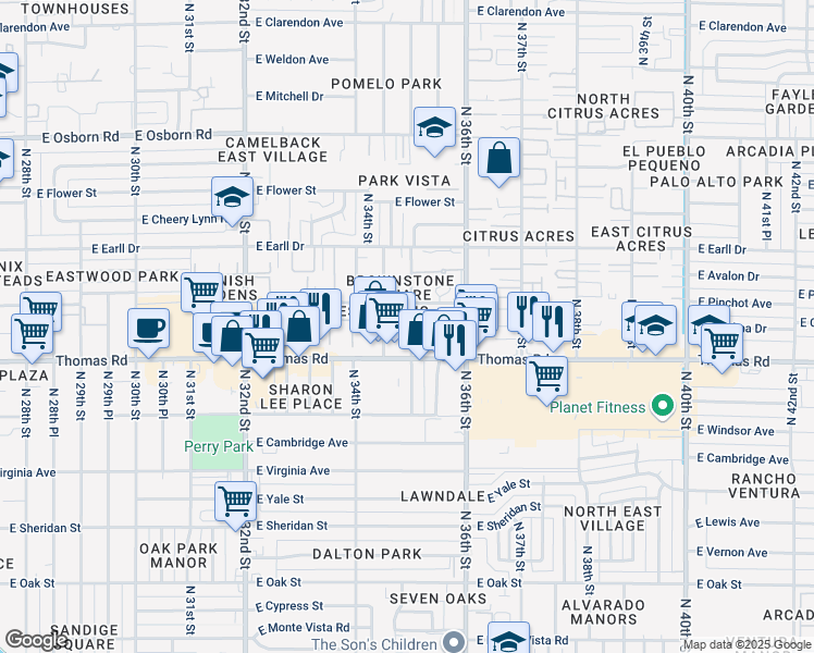 map of restaurants, bars, coffee shops, grocery stores, and more near 2922 North 35th Street in Phoenix