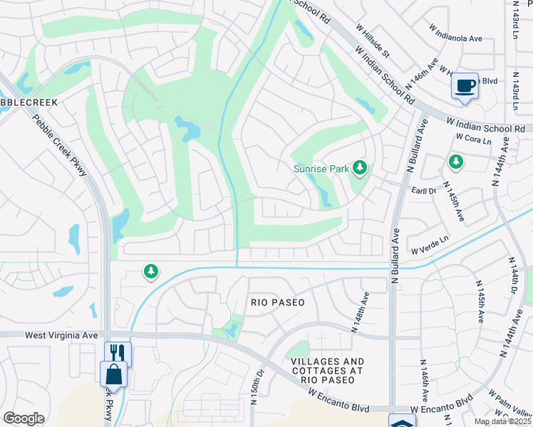 map of restaurants, bars, coffee shops, grocery stores, and more near 3105 North 150th Lane in Goodyear
