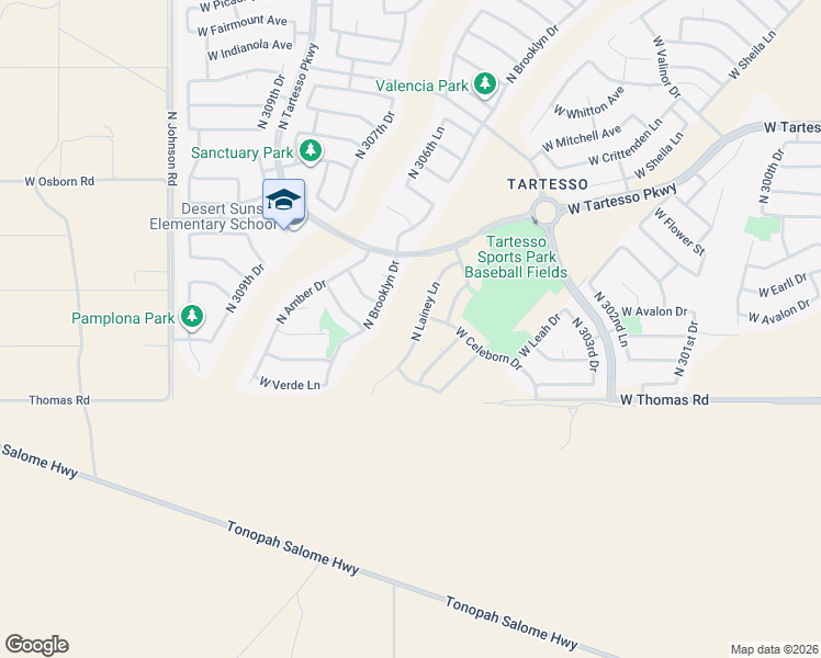 map of restaurants, bars, coffee shops, grocery stores, and more near 3090 North Lainey Lane in Buckeye