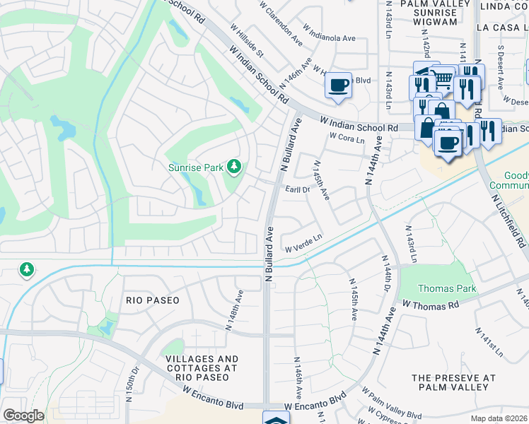 map of restaurants, bars, coffee shops, grocery stores, and more near 3081 North 147th Drive in Goodyear