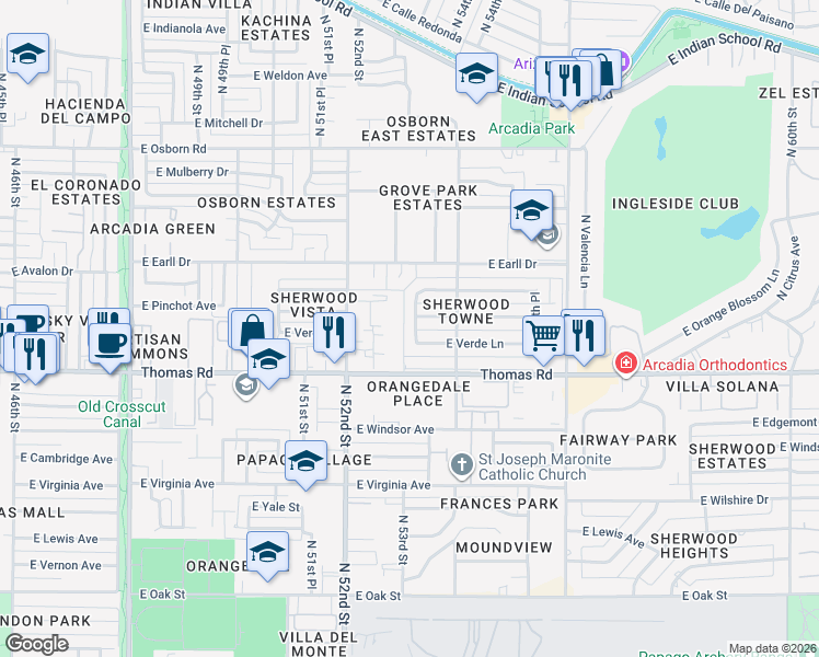 map of restaurants, bars, coffee shops, grocery stores, and more near 2940 North 53rd Place in Phoenix