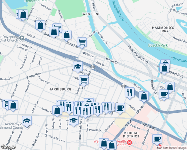 map of restaurants, bars, coffee shops, grocery stores, and more near 428 Crawford Avenue in Augusta